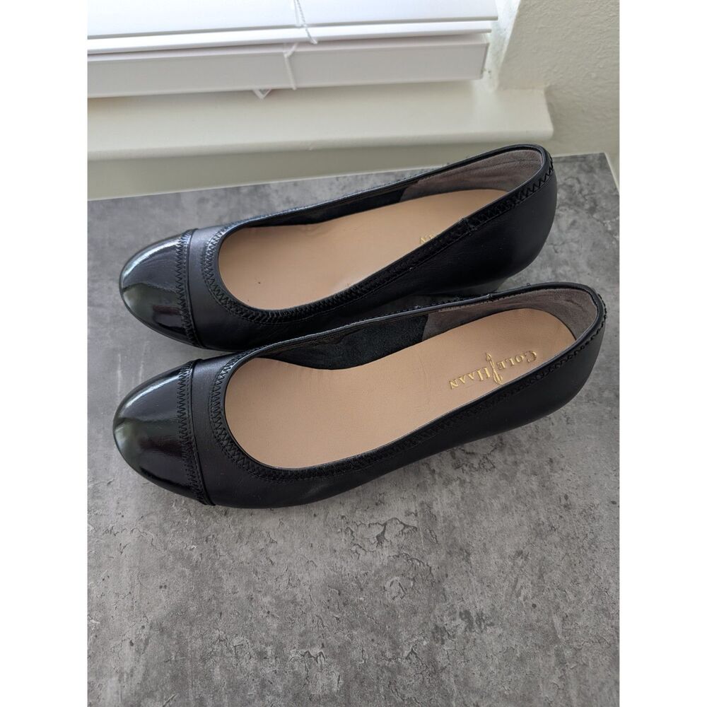Cole Haan Tali Sloane Black Leather Patent Cap Toe Low Wedge Pumps Size 7 B